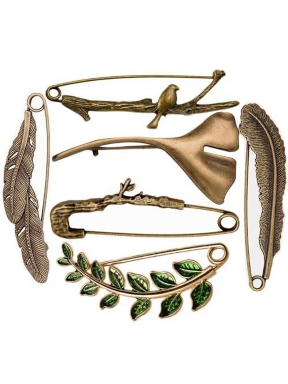 6pc Nature Brooch Set Antique Bronze Bird Ginkgo Leaf Feather Twig Safety Pins